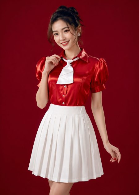 Áo sơ mi nữ đỏ đô trơn váy xếp ly trắng