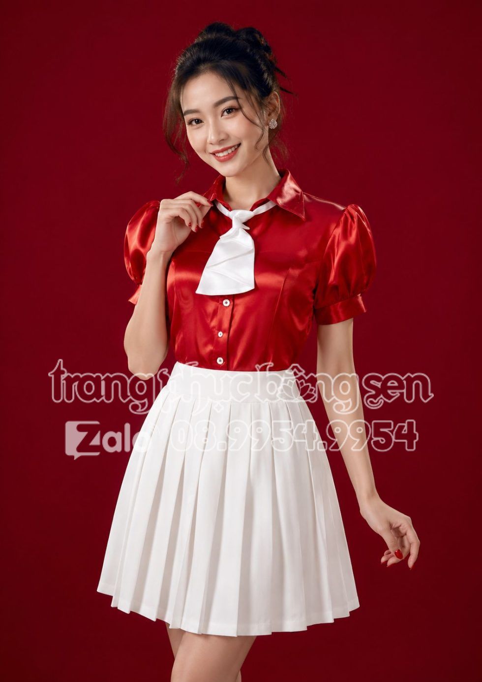 Áo sơ mi nữ đỏ đô trơn váy xếp ly trắng