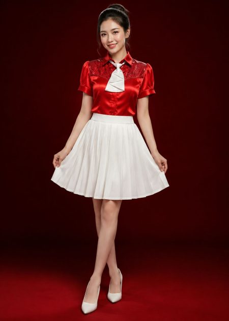 Áo sơ mi nữ đỏ kim sa váy xếp ly trắng