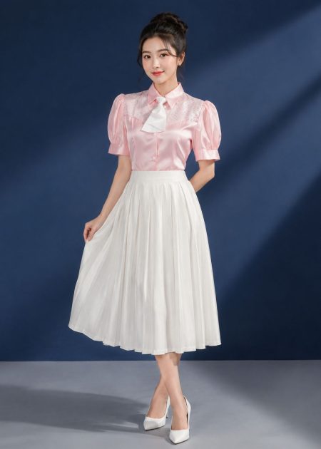 Áo sơ mi nữ hồng phấn kim sa váy xếp ly trắng