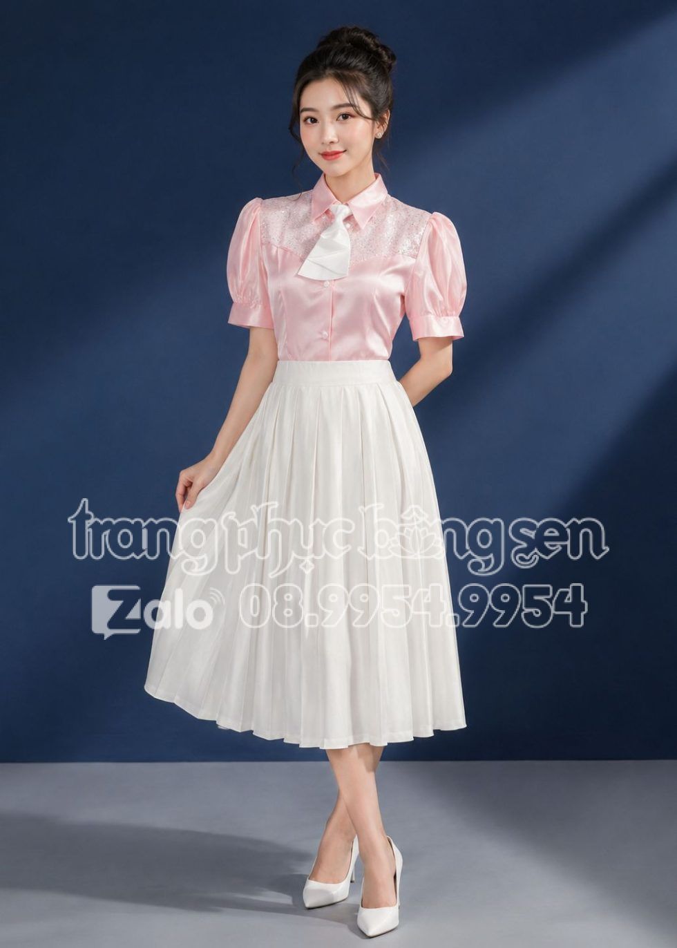 Áo sơ mi nữ hồng phấn kim sa váy xếp ly trắng