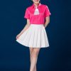 Áo sơ mi nữ hồng sen trơn váy xếp ly trắng