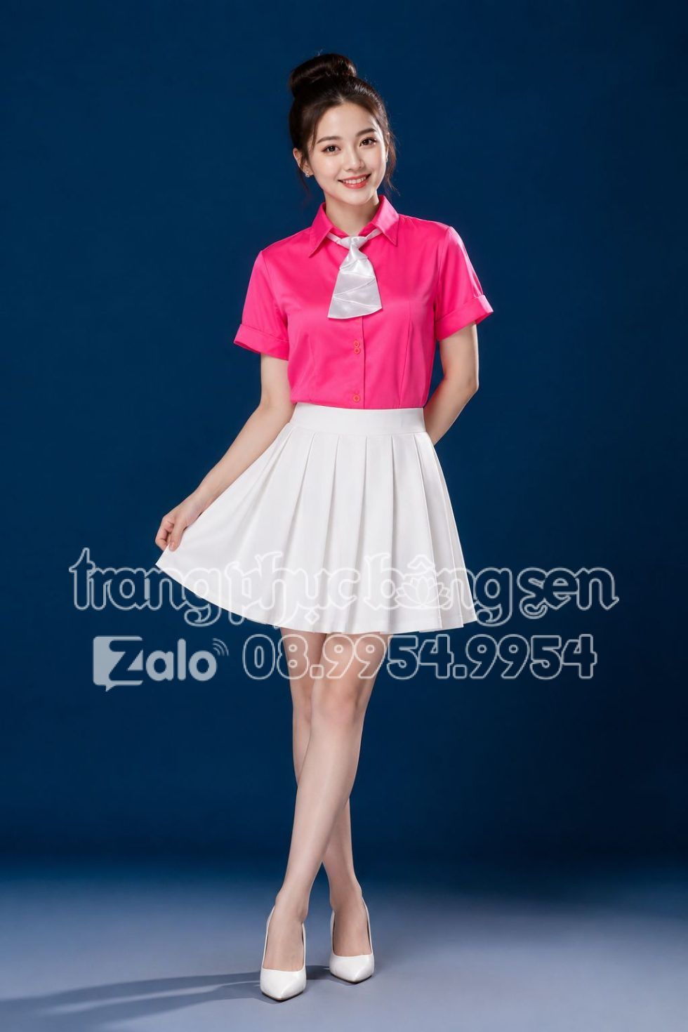 Áo sơ mi nữ hồng sen trơn váy xếp ly trắng