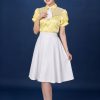 Áo sơ mi nữ vàng kim sa váy xếp ly trắng