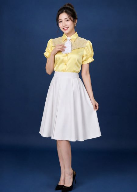 Áo sơ mi nữ vàng kim sa váy xếp ly trắng