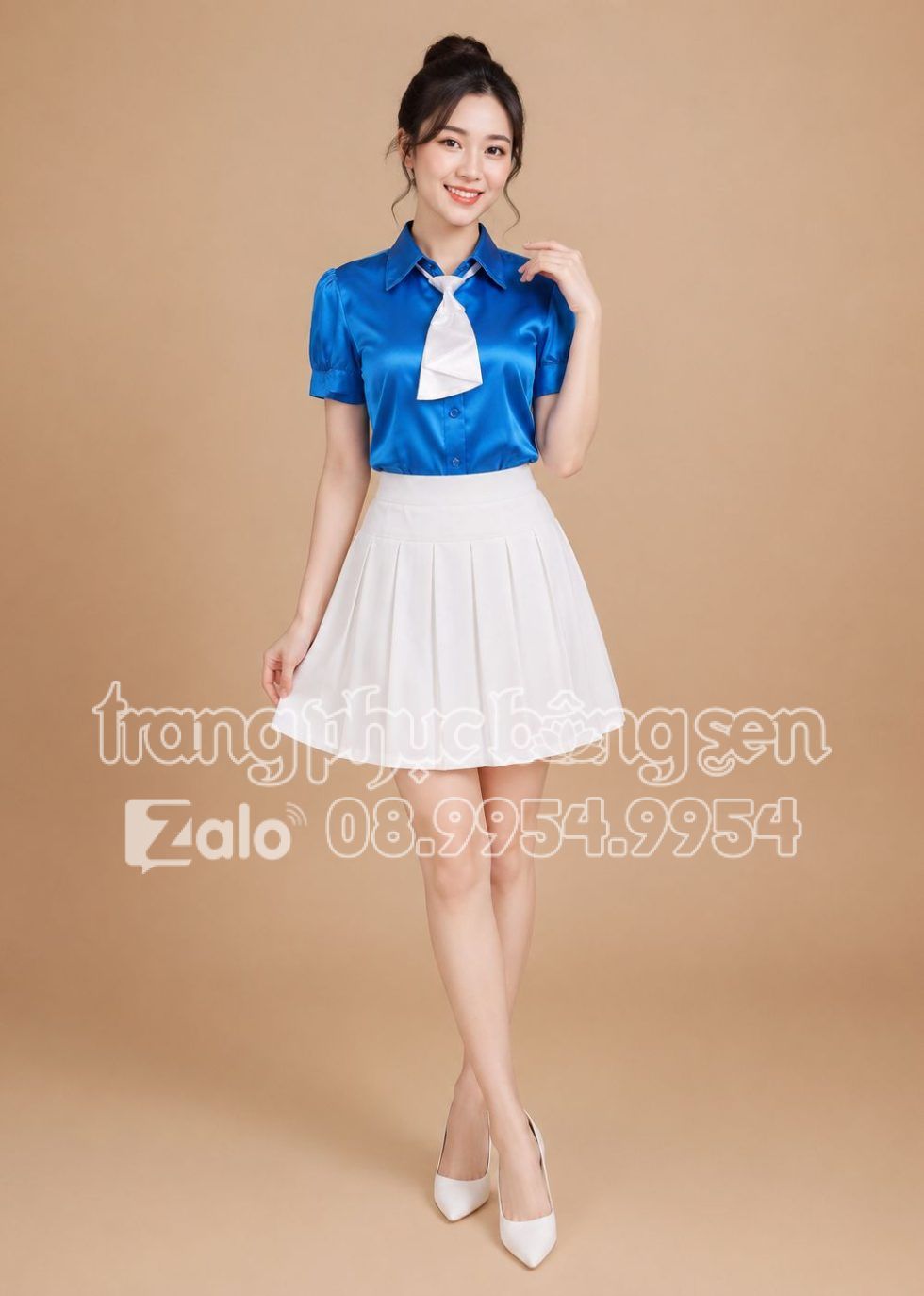 Áo sơ mi nữ xanh dương trơn váy xếp ly trắng