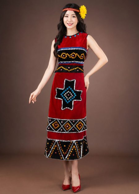 Áo Váy Tây Nguyên nhung đỏ kết đá
