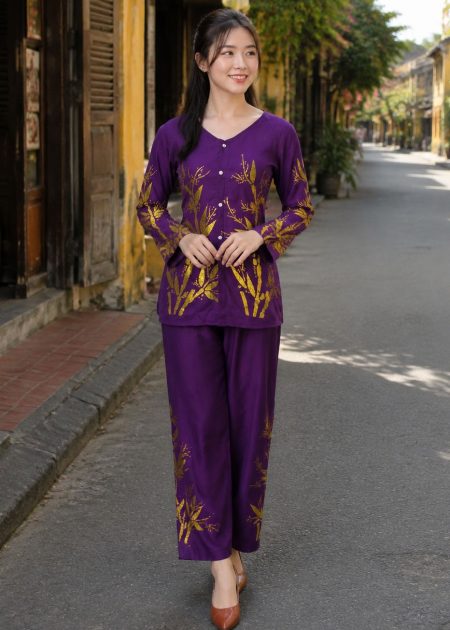trang phục biểu diễn bà ba nữ voan tím họa tiết lá trúc