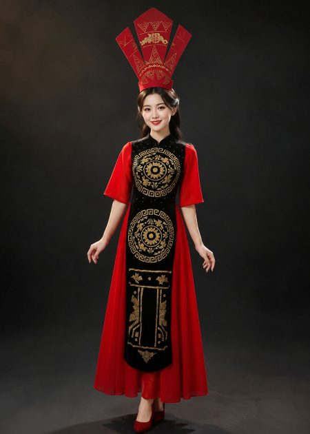 Đầm Âu Lạc thân đen tà đỏ tay lửng