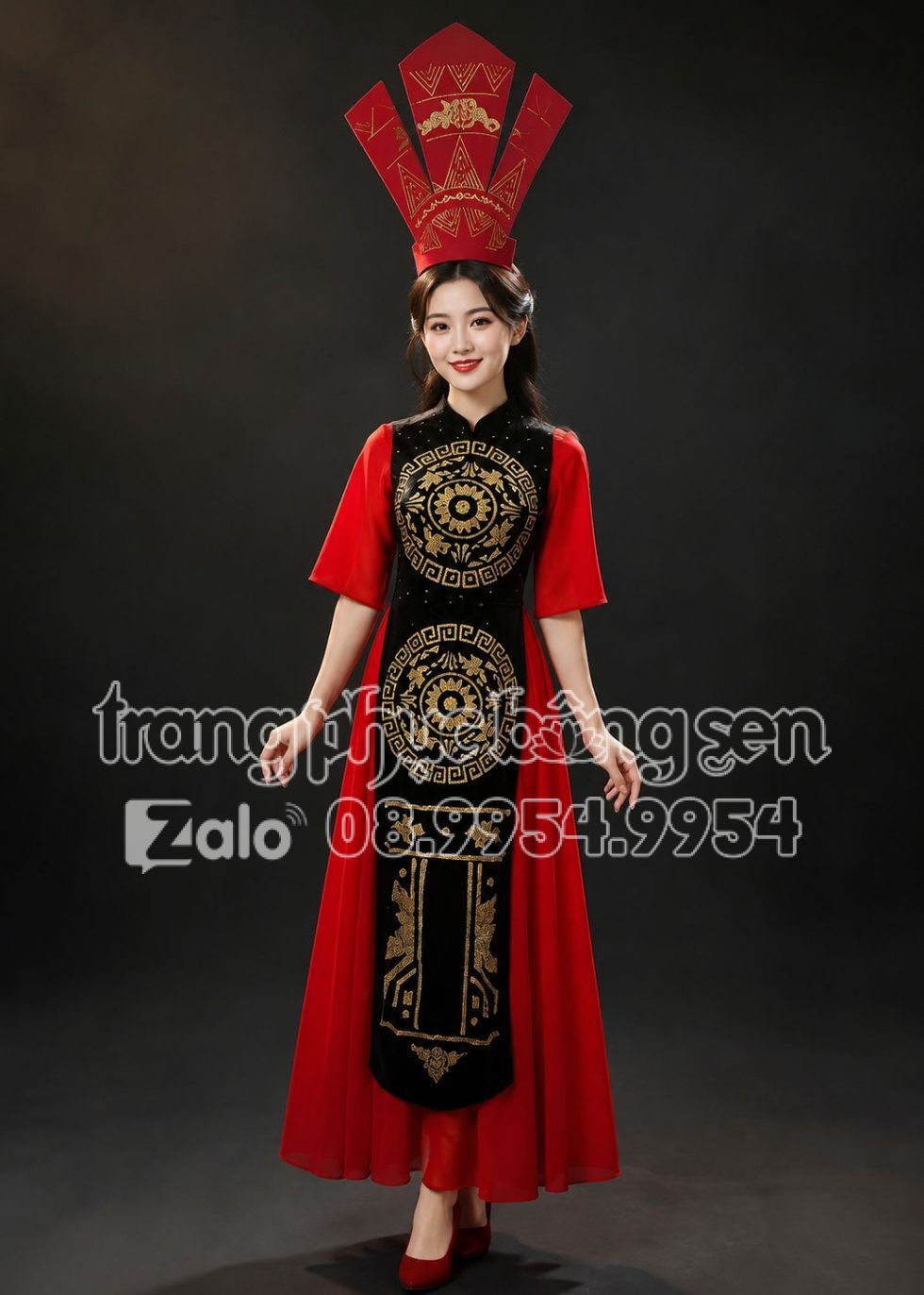Đầm Âu Lạc thân đen tà đỏ tay lửng