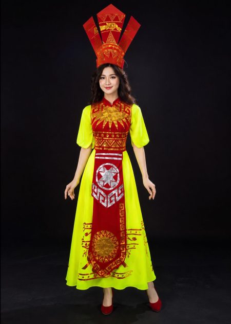 Đầm Âu Lạc thân đỏ tà vàng tay lửng