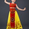 đầm múa Âu Lạc nhỏ thân nhung đỏ váy vàng