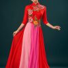 Đầm múa hát màu đỏ có tay 6 hoa