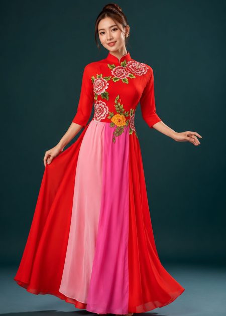 Đầm múa hát màu đỏ có tay 6 hoa