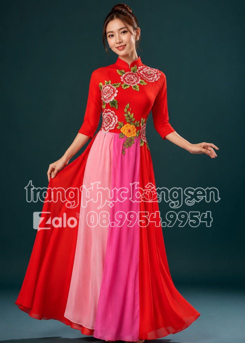 Đầm múa hát màu đỏ có tay 6 hoa