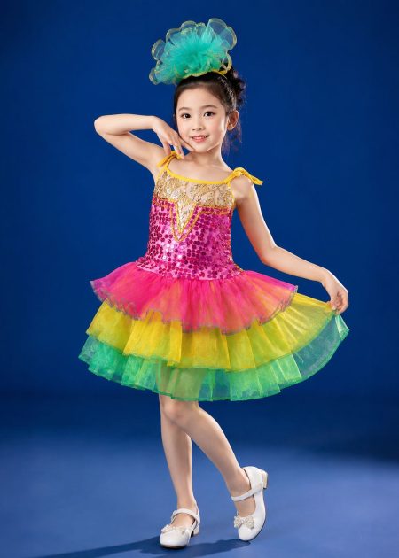 Đầm múa hát trẻ em vàng hồng xanh lá