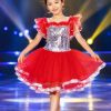Đầm múa mầm non kim sa trắng váy đỏ