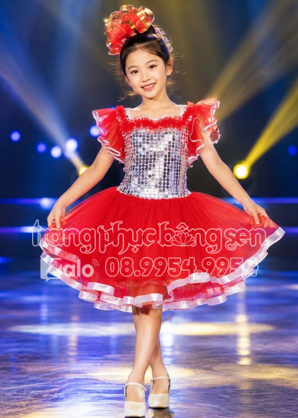 Đầm múa mầm non kim sa trắng váy đỏ