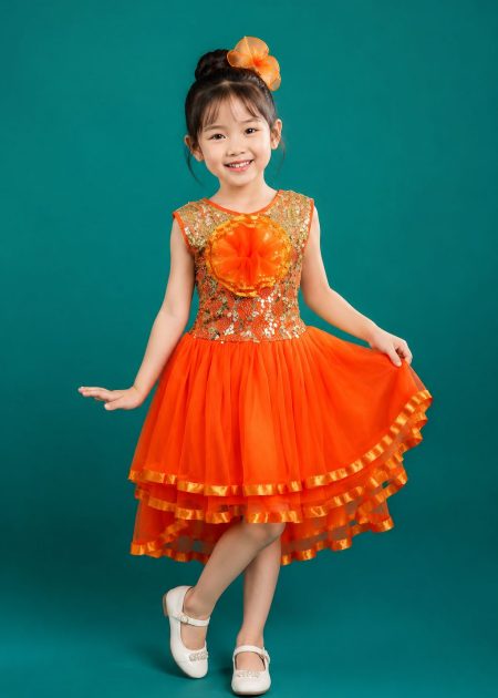 Đầm múa trẻ em cam sát nách mầm non