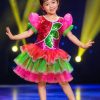 Đầm múa trẻ em kim sa 3 tầng voan đỏ xanh hồng