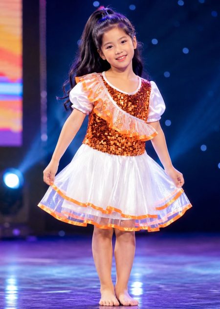 Đầm múa trẻ em kim sa cam bèo chéo