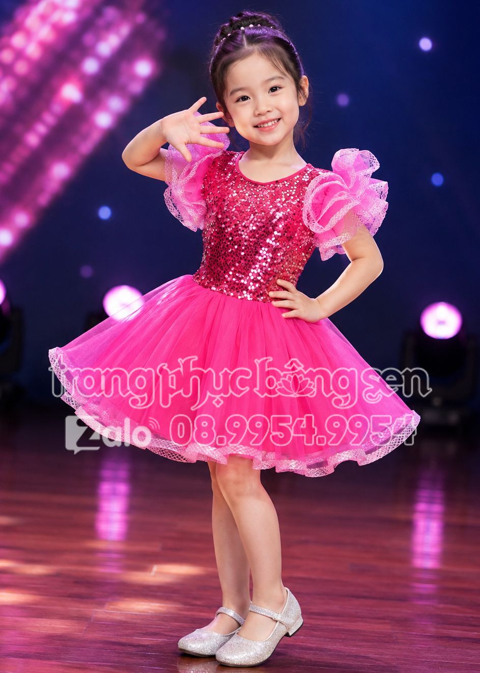 Đầm múa trẻ em kim sa hồng