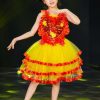 Đầm múa trẻ em kim sa vàng ngực tim đỏ váy 3 tầng