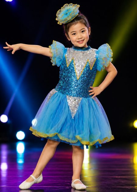 thuê váy múa đầm trẻ em kim sa xanh biển