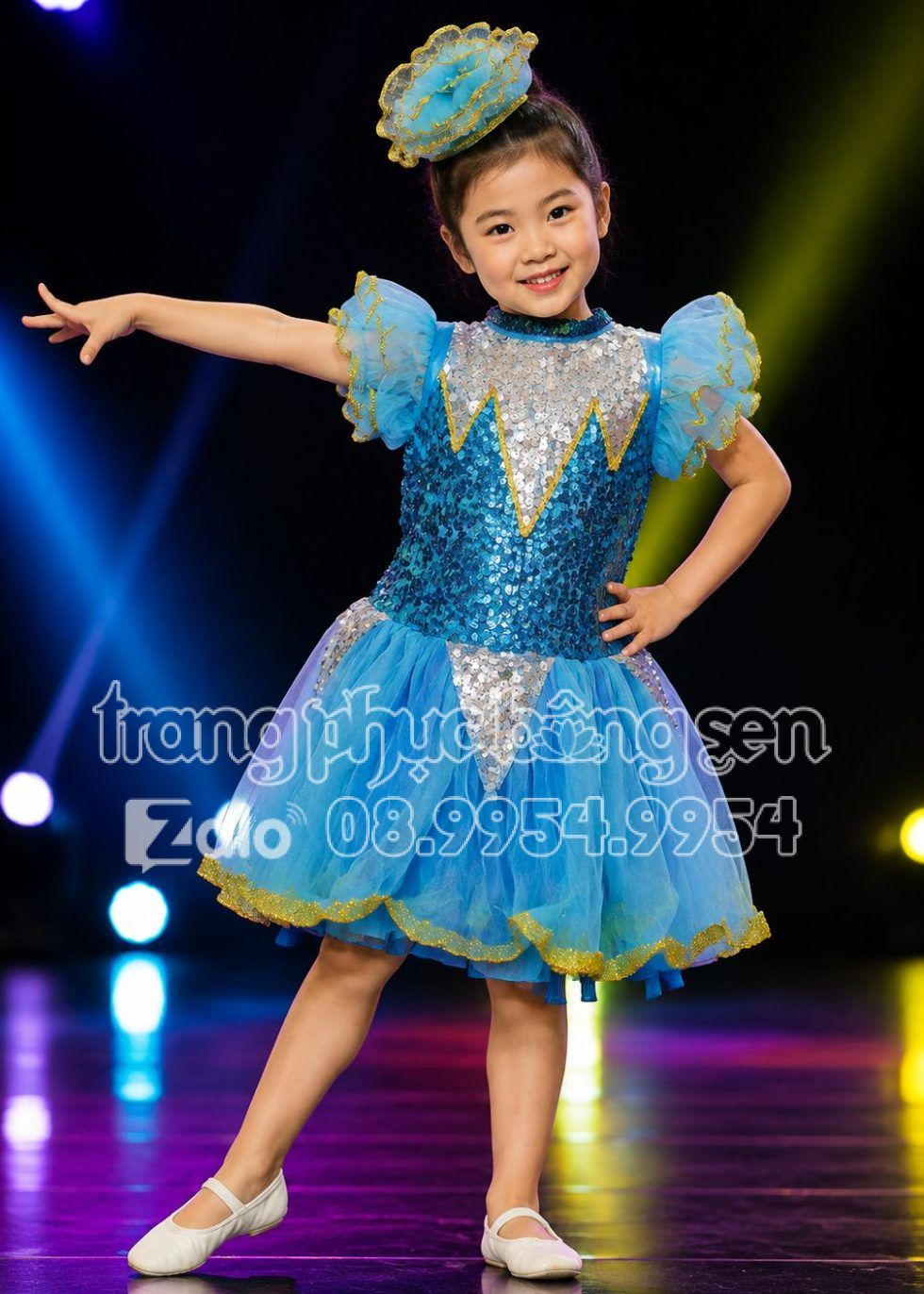 thuê váy múa đầm trẻ em kim sa xanh biển