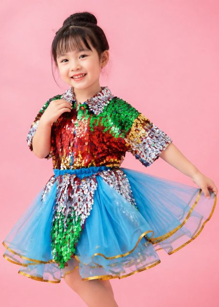 Đầm múa trẻ em kim sa xanh dương