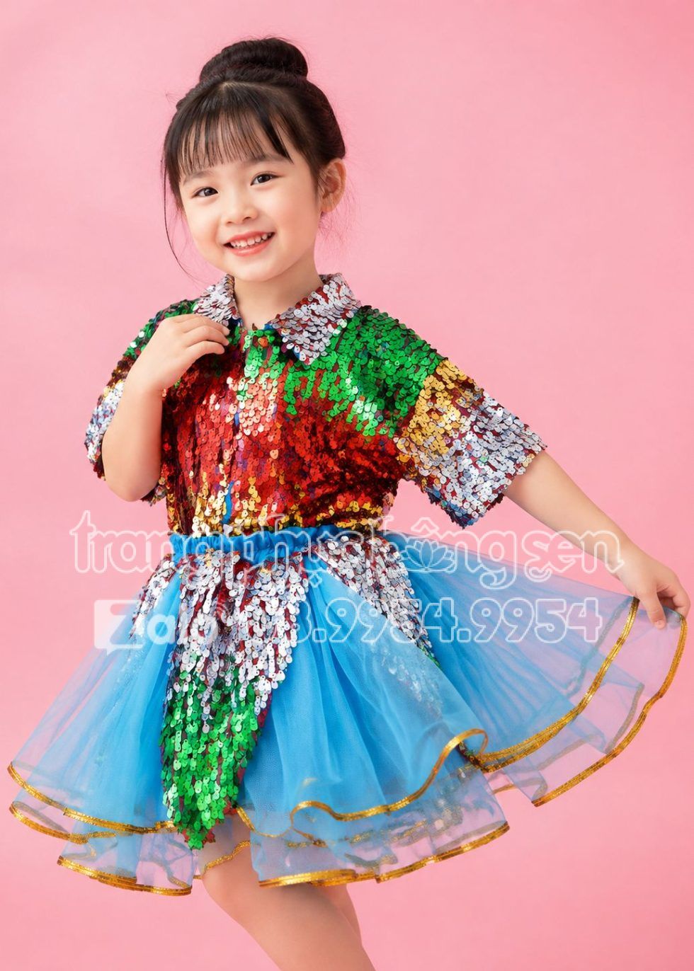 Đầm múa trẻ em kim sa xanh dương