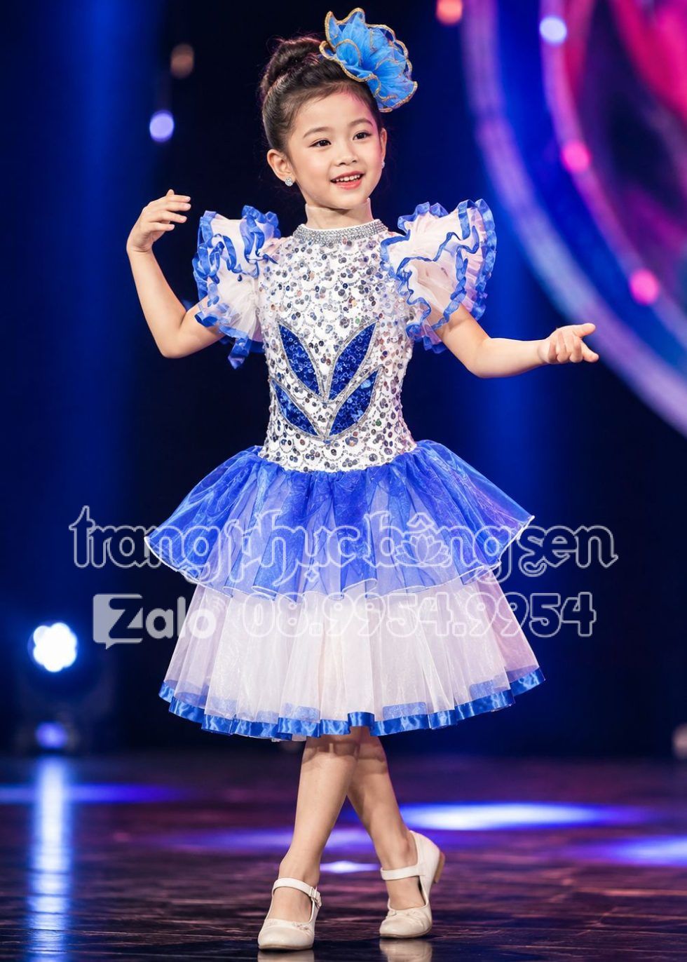 Đầm múa trẻ em kim sa xanh dương