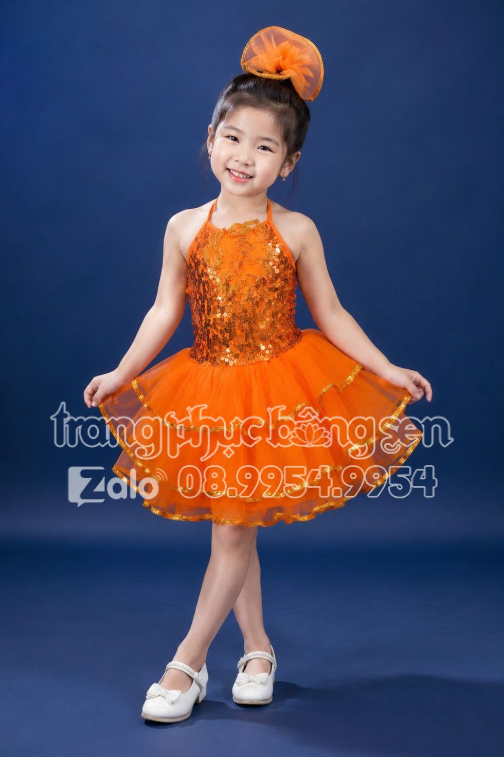 Đầm múa trẻ em màu cam mầm non