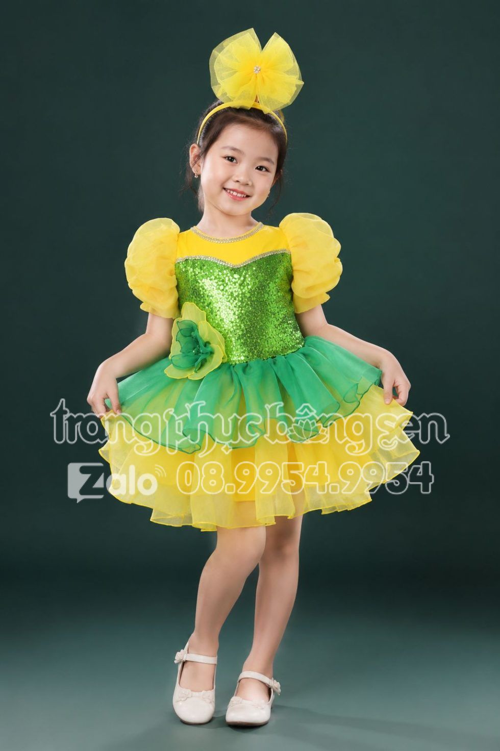 Đầm múa trẻ em màu xanh lá vàng