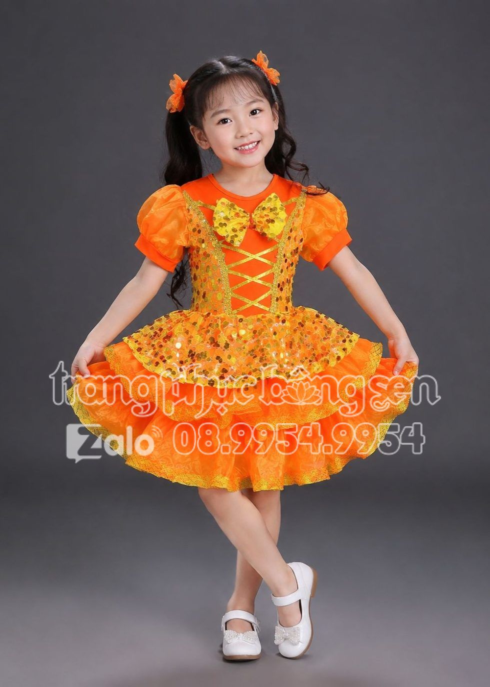 Đầm múa trẻ em vàng cam đầm bồng mầm non