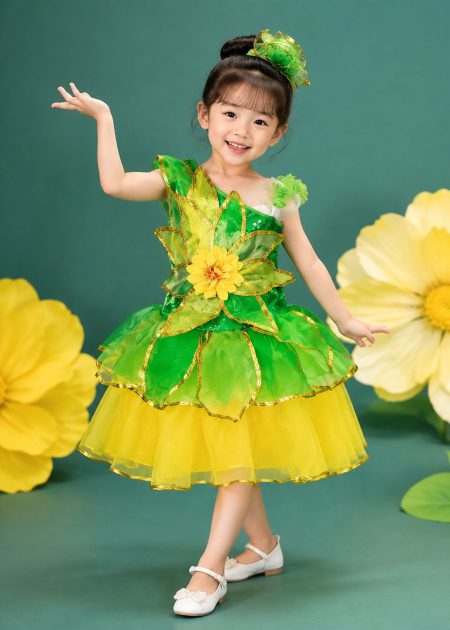 Đầm múa trẻ em xanh lá hoa mai đầm bồng mầm non