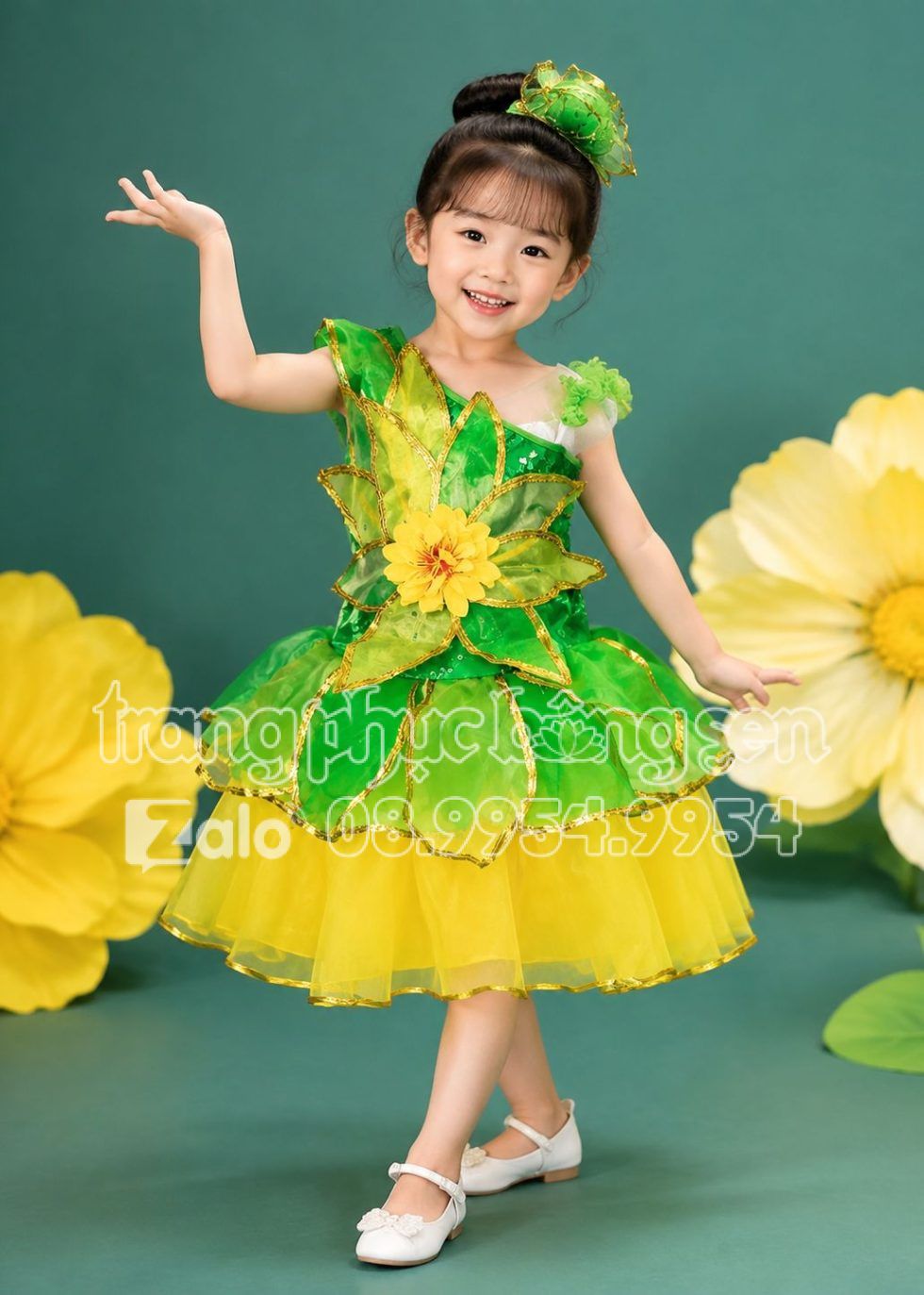 Đầm múa trẻ em xanh lá hoa mai đầm bồng mầm non