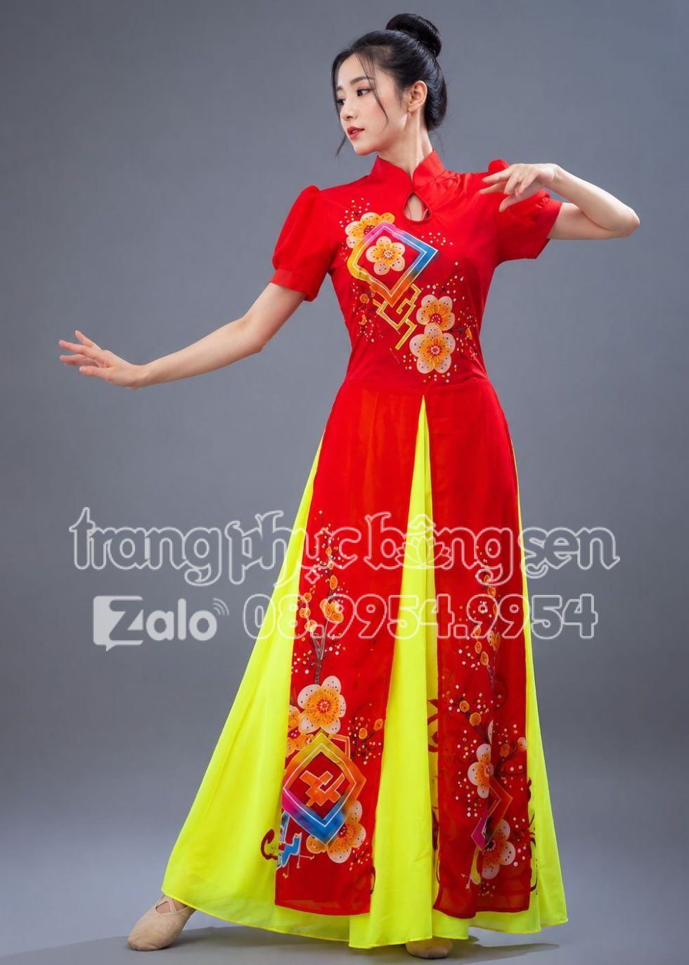 Đầm múa vẽ cổ trụ tay cánh tiên màu đỏ