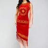 trang phục biểu diễn đầm Tây Nguyên nữ nhung đỏ cổ tròn sát nách