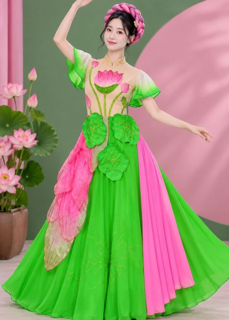 Đầm váy múa sen cánh sen xếp