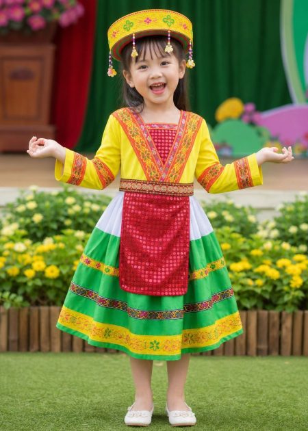 trang phục dân tộc mèo mầm non áo thun vàng viền đỏ váy phi xanh
