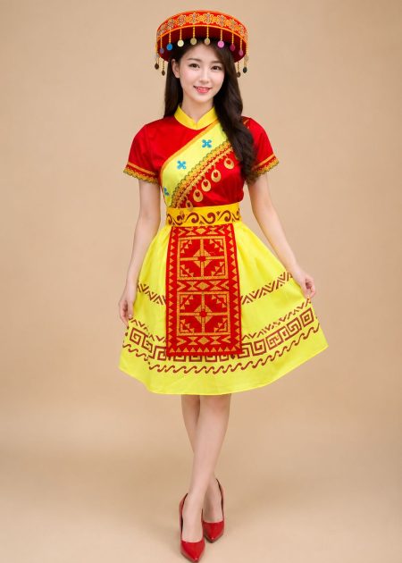 trang phục biểu diễn dân tộc Mèo nhung đỏ phối vàng