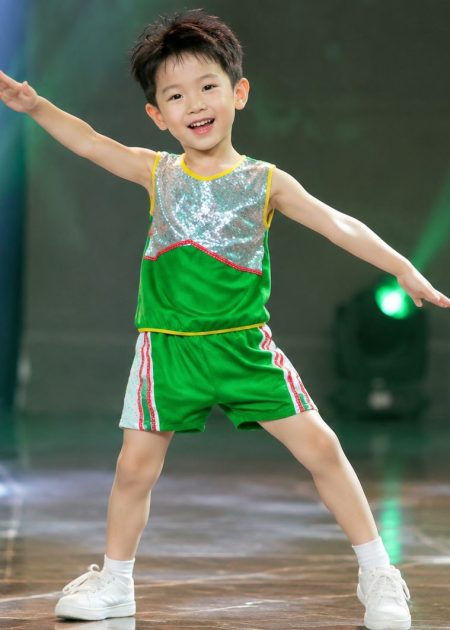 Đồ múa aerobic mầm non nam quần áo xanh lá phối kim sa
