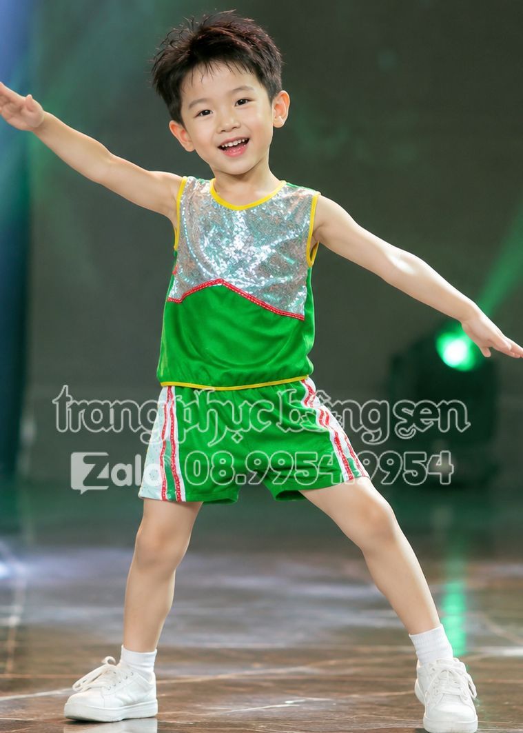 Đồ múa aerobic mầm non nam quần áo xanh lá phối kim sa