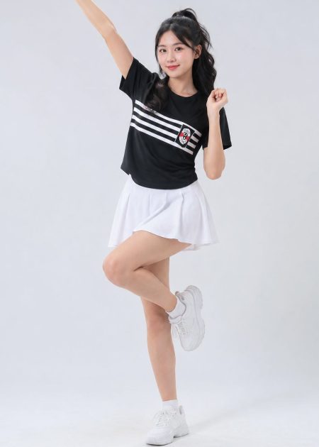 trang phục biểu diễn đồ múa cổ động thun đen sọc trắng váy xếp ly