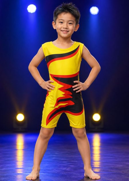 Đồ nhảy aerobic mầm non áo liền quần màu vàng lửa đỏ, đen
