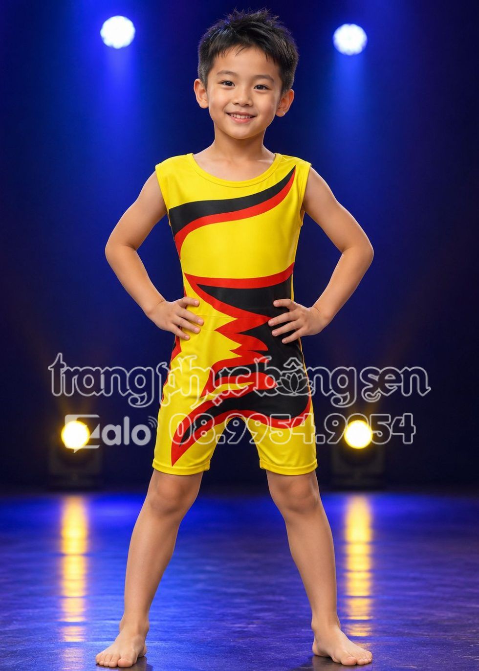 Đồ nhảy aerobic mầm non áo liền quần màu vàng lửa đỏ, đen