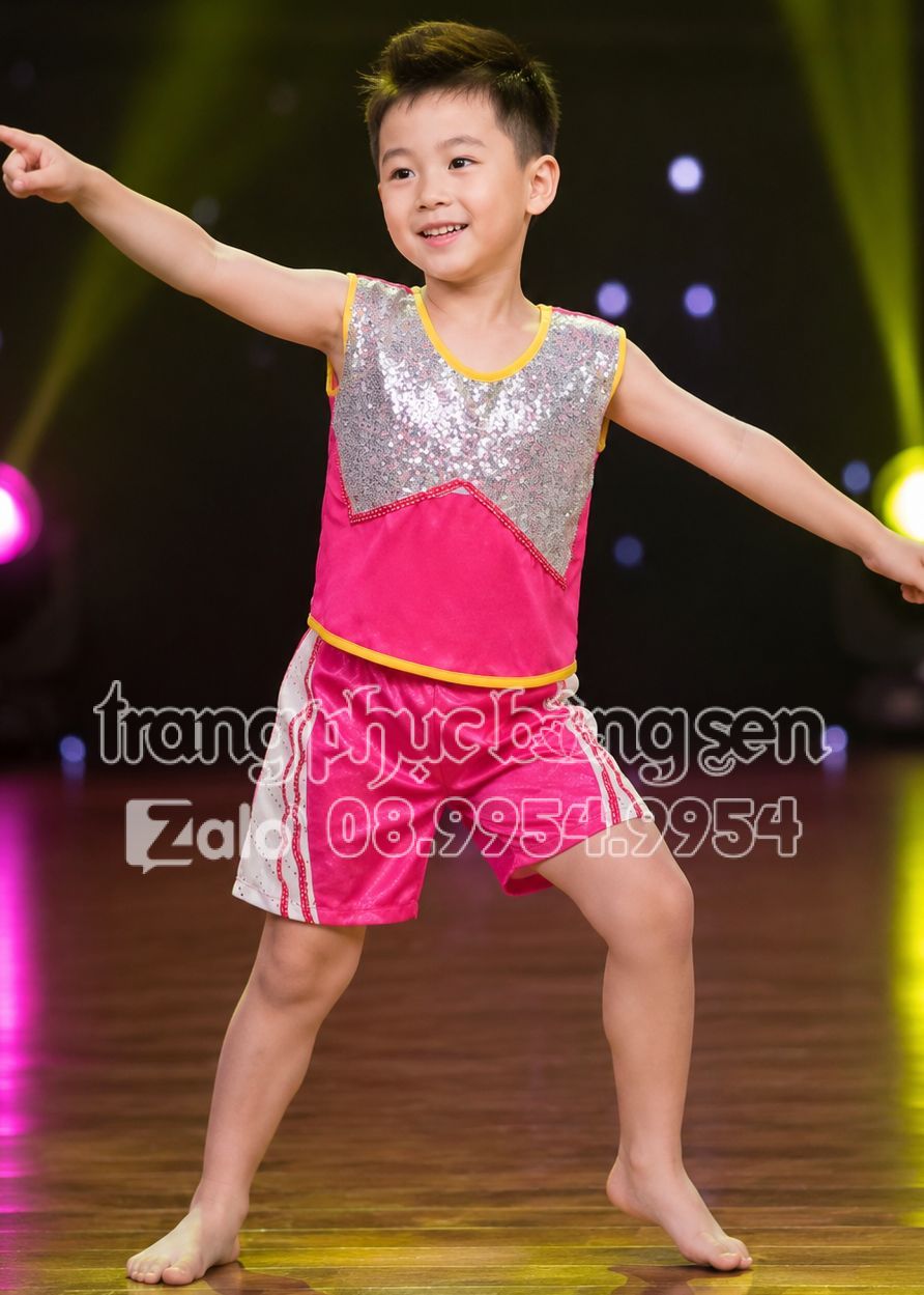 Đồ nhảy aerobic mầm non nam quần áo hồng phối kim sa