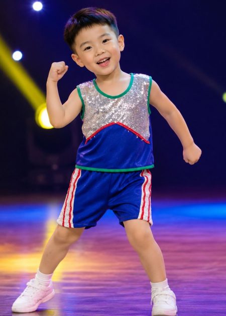 Đồ nhảy aerobic mầm non nam quần áo xanh bích phối kim sa