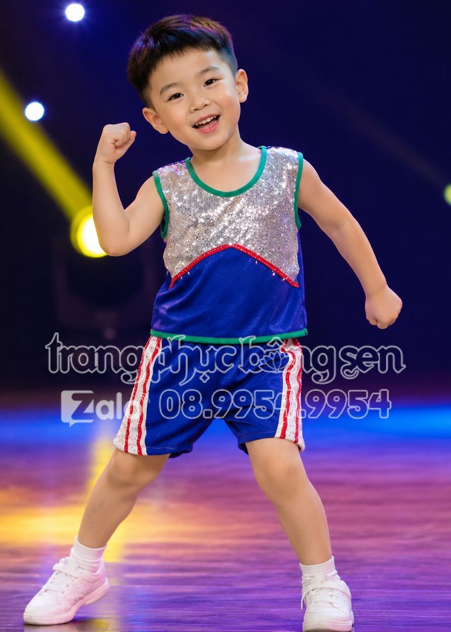 Đồ nhảy aerobic mầm non nam quần áo xanh bích phối kim sa